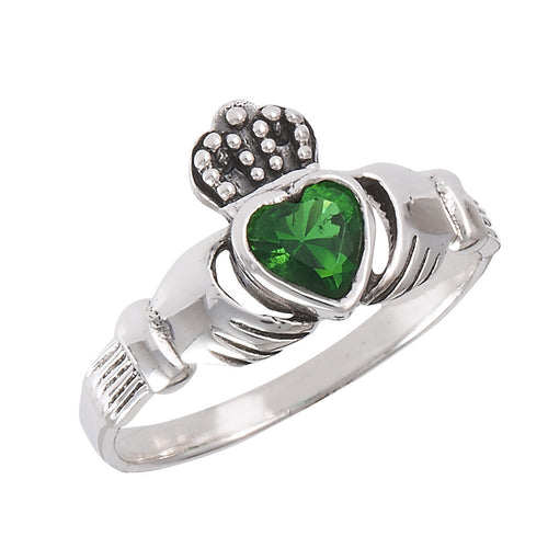 Sterling Silver Claddagh Ring With Synthetic Emerald