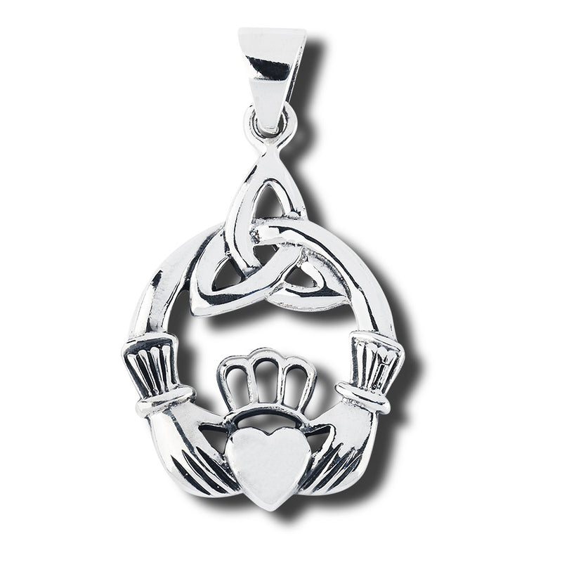 Sterling Silver Claddagh and Triskele Knot Pendant with Box and 18" Chain