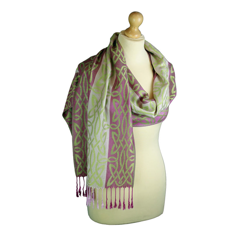 Inishboffin, Celtic Pasmena Scarf, Raspberry / Green